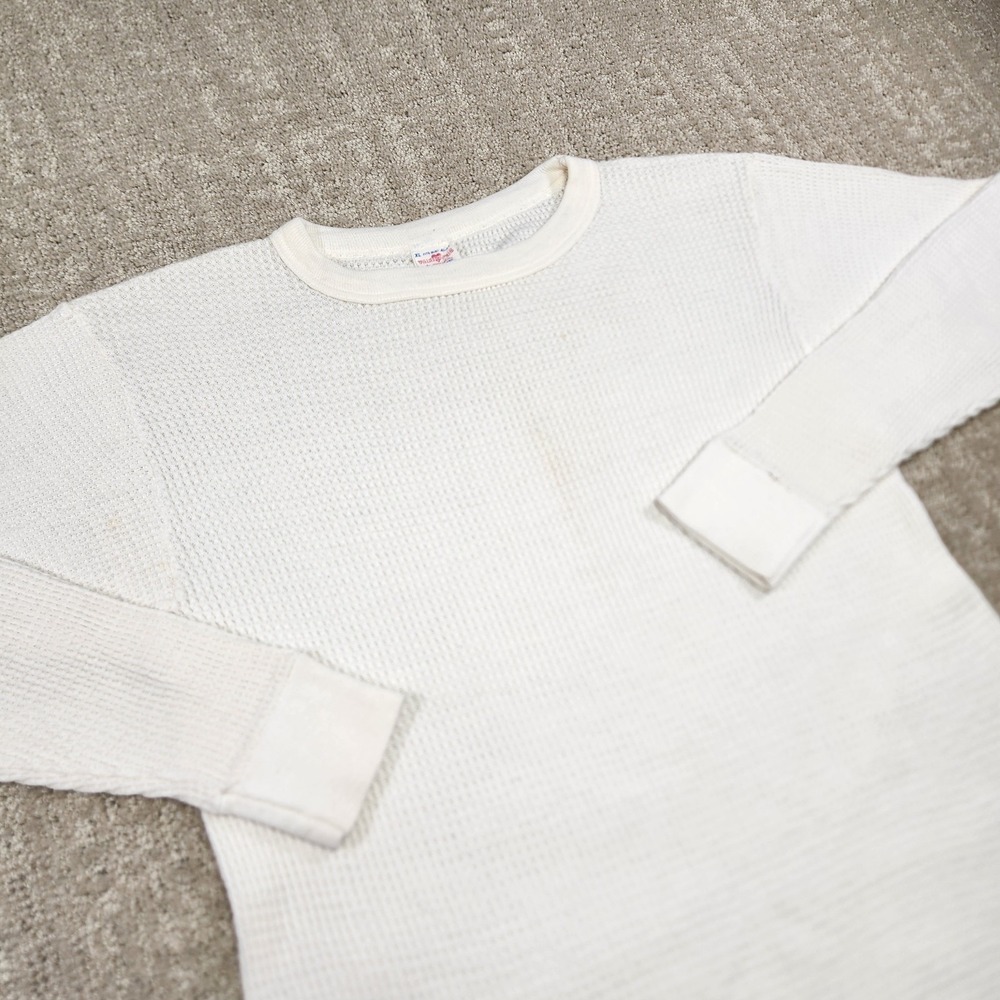 Vintage 70s Waffle Knit Thermal Shirt Women XL Remson USA Made White Tight Fit